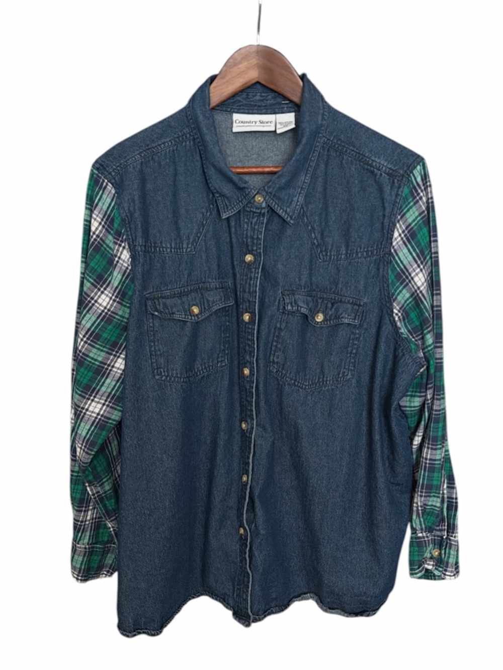 Country Store denim plaid button up shirt size 2X Blue Green western cotton